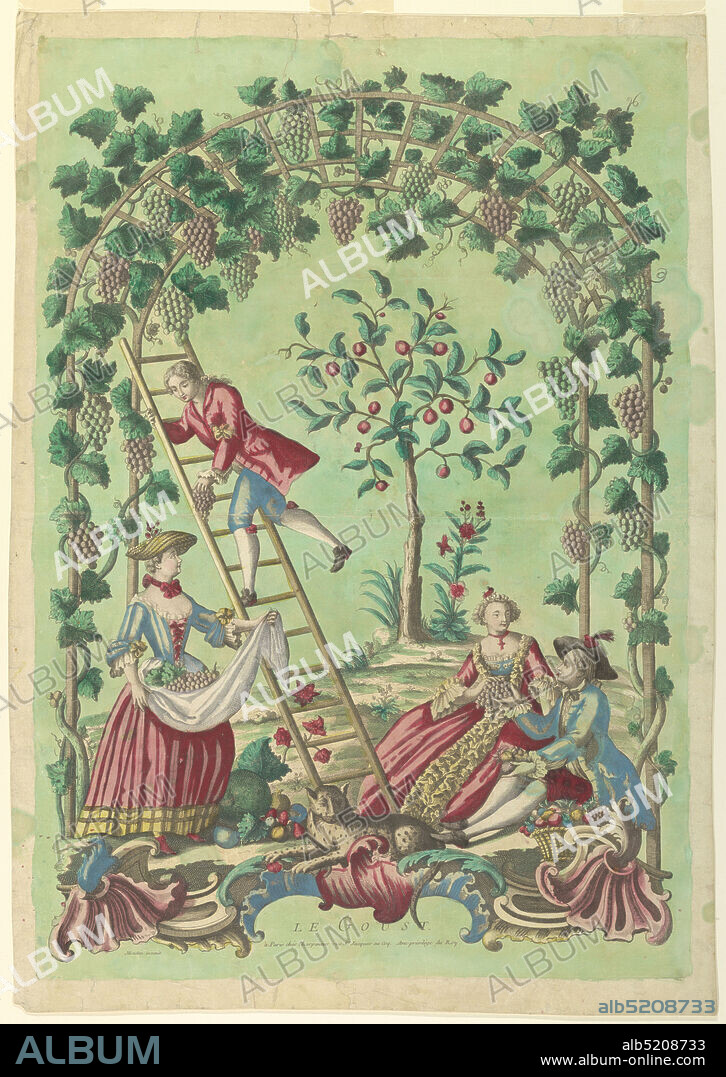 The Sense of Taste, François-Thomas Mondon, French, ca. 1709 1755, Brush and watercolor on paper, mounted, At left a man on a ladder gathers grapes which he hands to a woman carrying grapes in her apron. Seated at right are a man and a woman to whom he offers grapes and fruit. Under an arch of trellis-work on which grape vines grow. An apple (?) tree in the background. Bottom: a leopard (?) sits on rocaille and shell motifs over: 'LE GOUST. / à Paris chés Charpentier, rue St. Jacques au Coq. Avec privilège du Roy'. Bottom left: 'Mondon invenit'., France, ca. 1740, Print, Print.