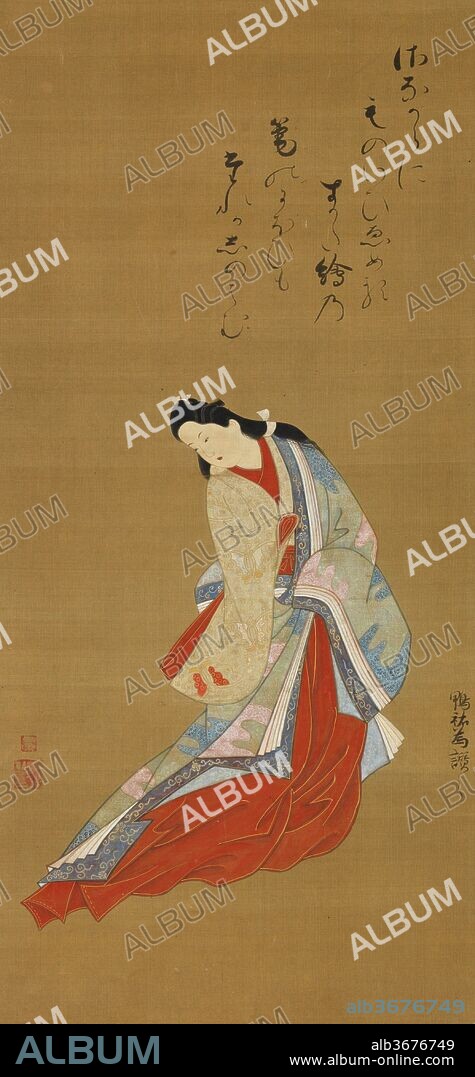 Standing Courtesan. Artist: Tosendo Rifu (Japanese, active ca. 1730); Inscribed by Kamo no Suketame (Japanese, 1740-1801). Culture: Japan. Dimensions: Image: 28 1/8 × 13 1/8 in. (71.4 × 33.4 cm)
Overall with mounting: 59 1/16 in. (150 cm)
Overall with knobs: 59 1/16 × 17 7/16 in. (150 × 44.3 cm). Date: ca. 1720.
The artist has captured the elegant appearance of a woman, probably a high-ranked courtesan, in elegant robes and long, flowing hair tied with paper ribbons. Tosendo Rifu was among the specialist ukiyo-e painters who emerged from the Kaigetsudo studio and emulated its style of rendering beauties of the pleasure quarter. The painting has an inscription, added after the painting was created, by Kamo no Suketame, a Shinto priest and noted poet of a generation or two after the artist was active. His gentle, curvilinear calligraphy reflects the influence of the prevalent Reizei courtly style of the Edo period. It was a common practice for owners of paintings to ask prominent literati of their day to inscribe a painting in a distinctive hand in order to add another level of enjoyment to the work. Here the inscription reads: 
Sanagara ni
mono ii emeru  
sugata-e no 
fude no nioi mo 
tare ka shinobamu 
The flavor and fragrance
of the brush that created
this portrait, seeming so real, 
as if she can speak and smile,
makes me long to know her.
--Poem by Kamo no Suketame 
(Trans. John T. Carpenter).