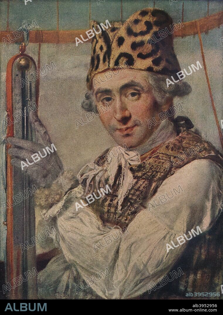 Dr John Jeffries, American balloonist, 1786. Jeffries (1744-1819) during a balloon ascent to investigate the atmospheric temperature. On 7 January, 1785, Jeffries and French balloonist Jean Pierre Blanchard made the first successful balloon flight across the English Channel. After a pastel drawing by John Russell (1745-1806). From The Connoisseur Volume XXIX [Otto Limited, London, 1911].