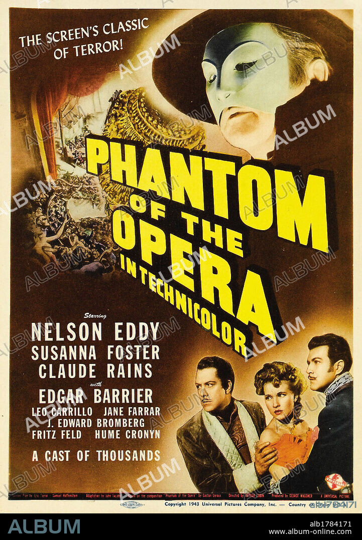 Poster de EL FANTASMA DE LA ÓPERA, 1943 (PHANTOM OF THE OPERA), dirigida por ARTHUR LUBIN. Copyright UNIVERSAL PICTURES.