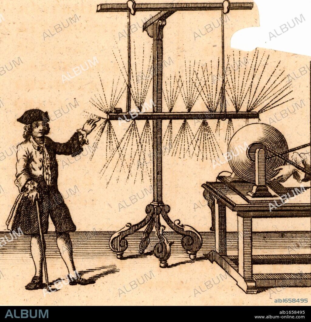 Experiment with static electricity by Jean-Antoine Nollet (1700-1770) French physicist and cleric. An iron bar is suspended by silk cords about 6mm above the charged globe of an electrostatic machine. The man places his finger the same distance from the bar and draws off a discharge visible in daytlight. Engraving from "The Complete Dictionary of Arts and Sciences" edited by TH Croker, Thomas Williams and Samuel Clark. (London, 1764). (Photo by: Universal History Archive/UIG via Getty Images).