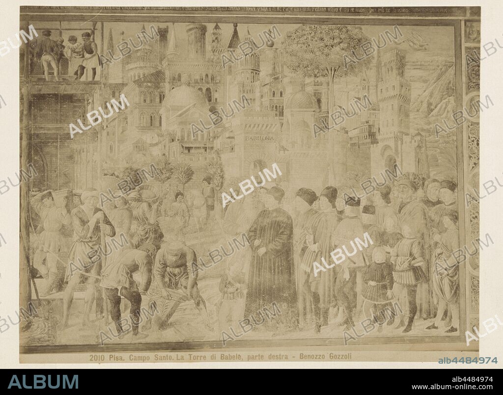 Fresco The Tower of Babel (right part) by Benozzo Gozzoli, Camposanto in Pisa 2010 Pisa (series title), Giacomo Brogi (attributed to), 1860 - 1881, paper, photographic paper, cardboard, albumen print.