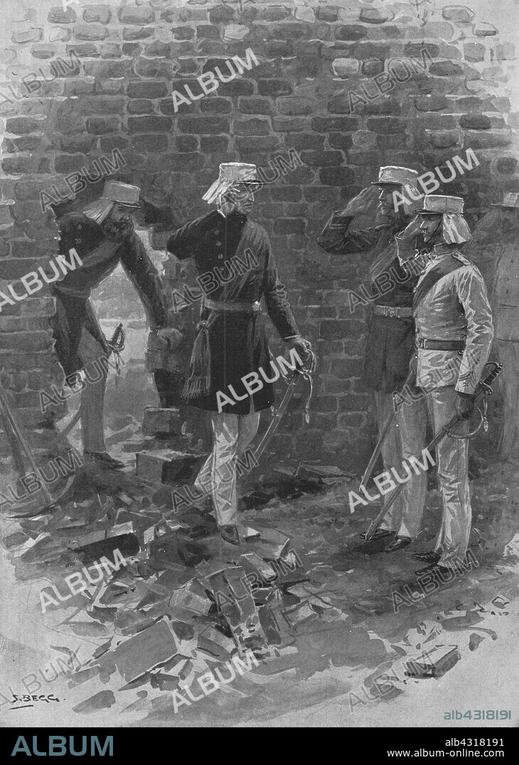 SAMUEL BEGG. 'The Indian Mutiny, 1857-58: Outram and Havelock meeting Roberts after the Relief of Lucknow, November 17, 1857', (1901). Episode during the British colonial period: officers Major General Sir James Outram, Major General Henry Havelock and Frederick Roberts at Lucknow in India after the evacuation of the besieged British Residency. From "The Illustrated London News Record of the Glorious Reign of Queen Victoria 1837-1901: The Life and Accession of King Edward VII. and the Life of Queen Alexandra". [London, 1901].