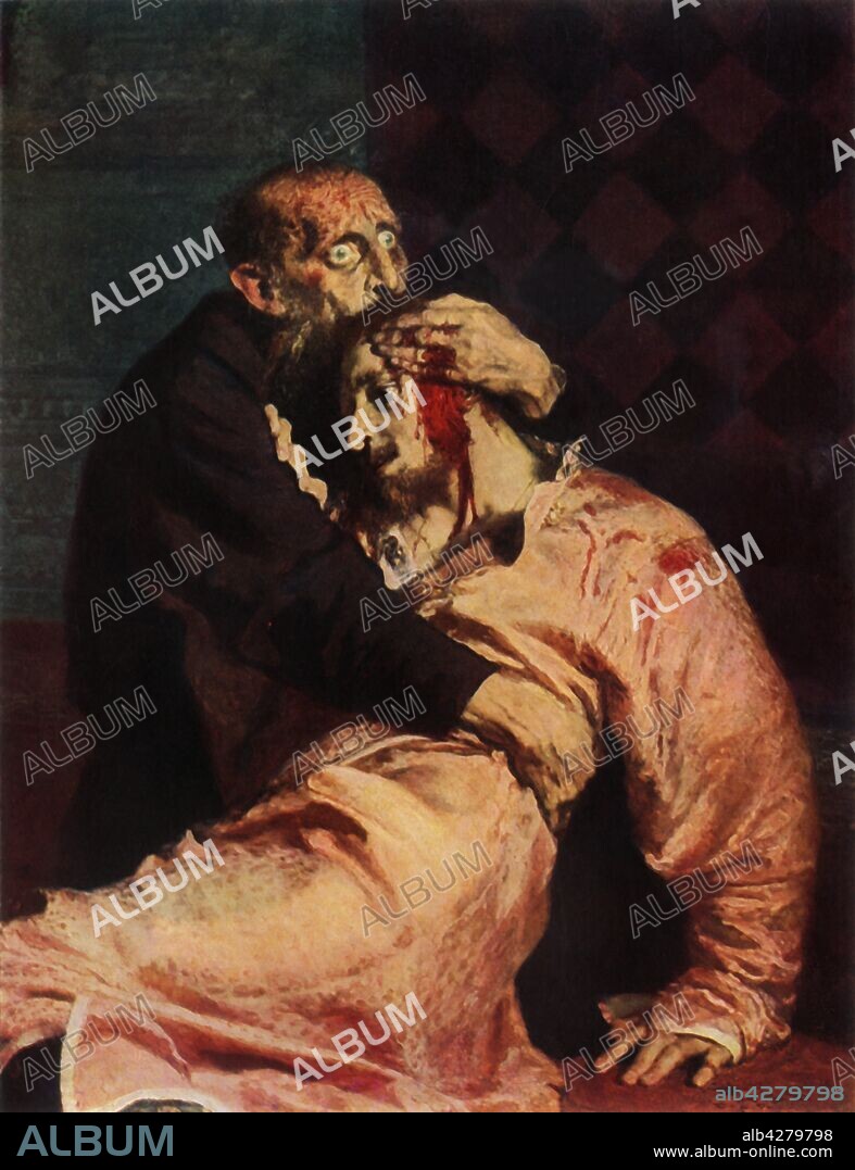IL'YA REPIN. 'Ivan the Terrible and His Son Ivan on November 16, 1581', 1885, (1965). Detail. Ivan the Terrible of Russia (1530-1584) killed his son Tsarevich Ivan Ivanovich (1554-1581) in a fit of rage, and was then supposedly filled with remorse. Painting in the State Tretyakov Gallery, Moscow. From "Russian Painting of the 18th and 19th Centuries" by Vladimir Fiala. [Artia, Czechoslovakia, 1965].