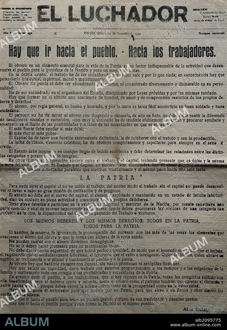 PRENSA MALLORQUINA EN CASTELLANO. SIGLO XX. "EL LUCHADOR". Año V (Sábado 12 de Diciembre de 1935). Proclama del fascismo italiano Conde Aldo Rossi. Editado en Palma de Mallorca. Biblioteca March. Palma de Mallorca. Islas Baleares. España.