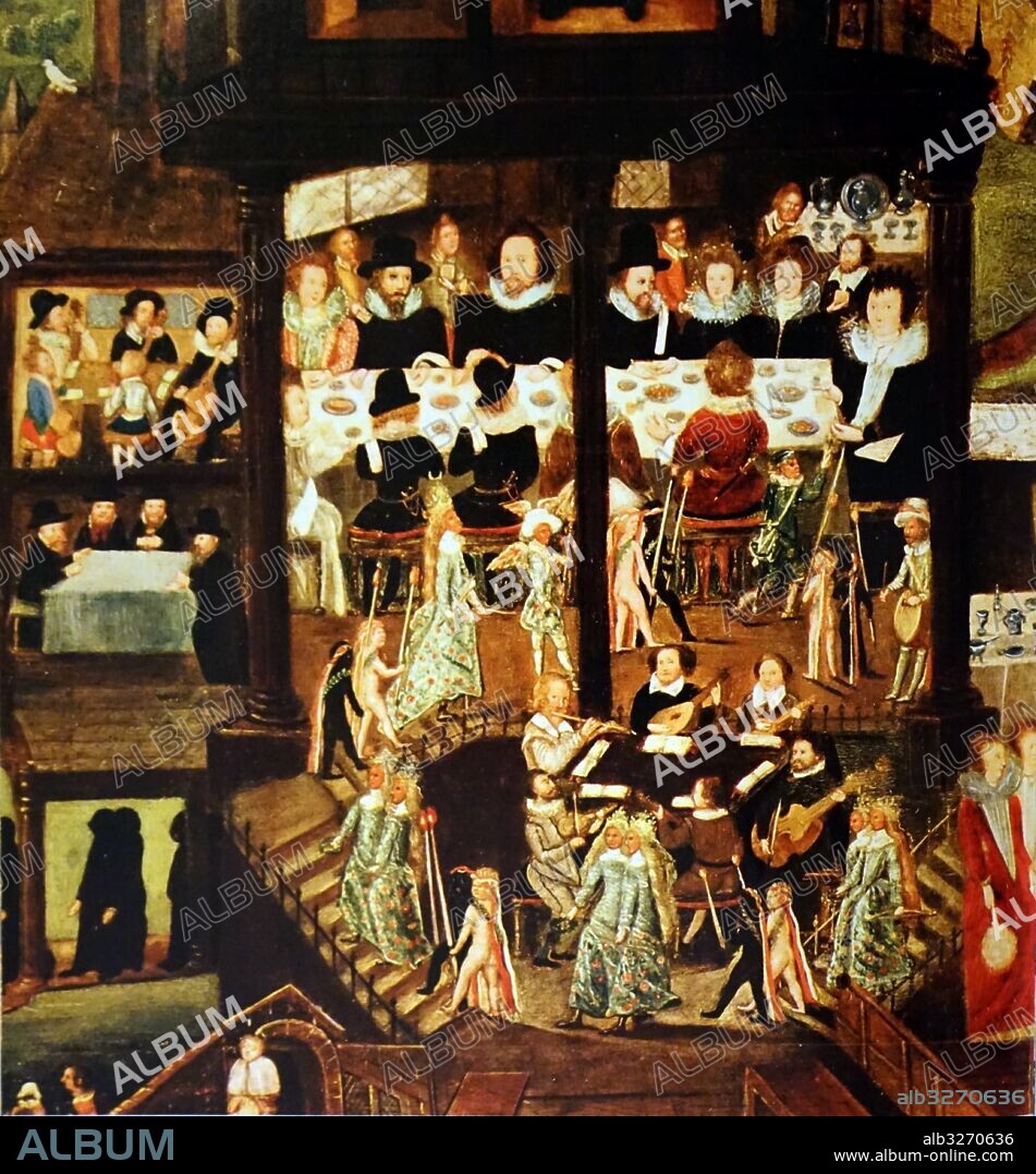 Painting depicting a 16th Century Wedding Feast in the residence of Sir Henry Unton (1557-1596) an Elizabethan English diplomat. Dated 16th Century.