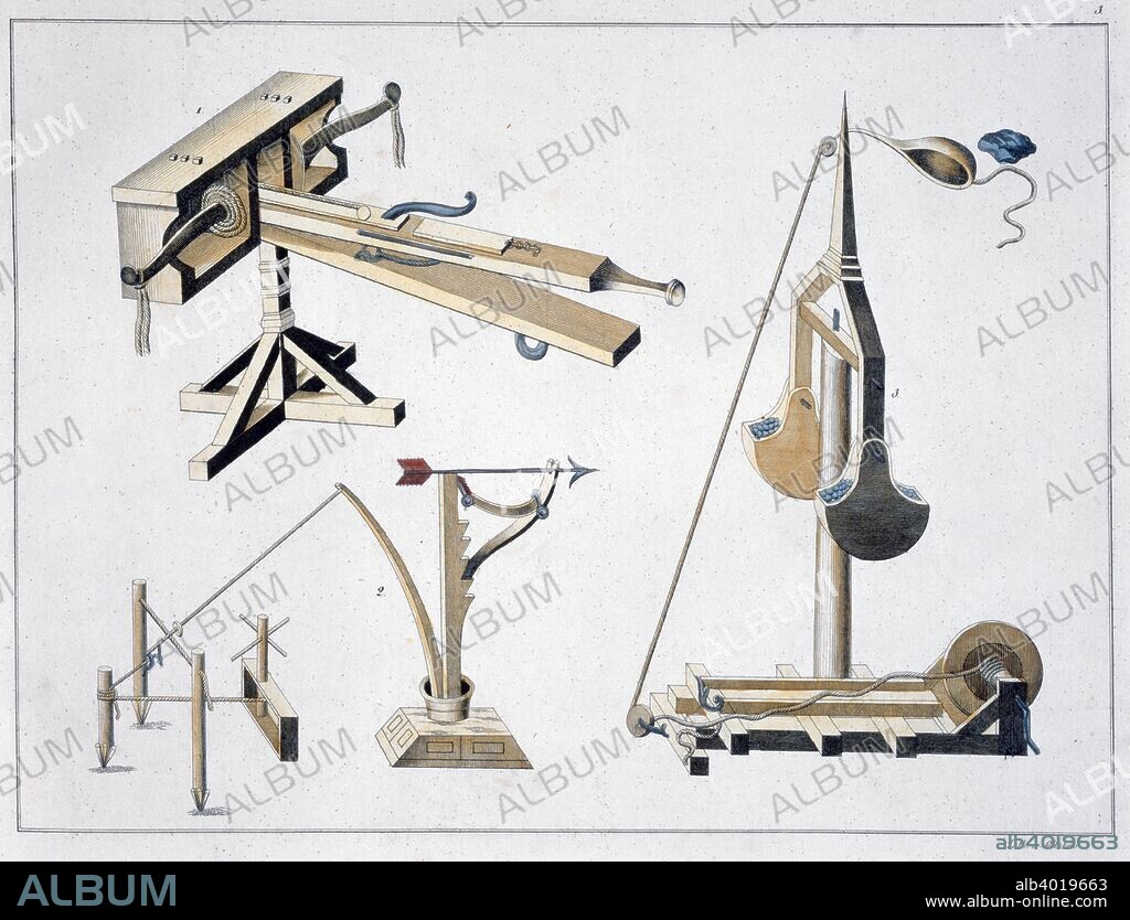 Siege weapons, 1842. Ballistae and a trebuchet (right). Plate from A History of the Development and Customs of Chivalry, by Dr Franz Kottenkamp.