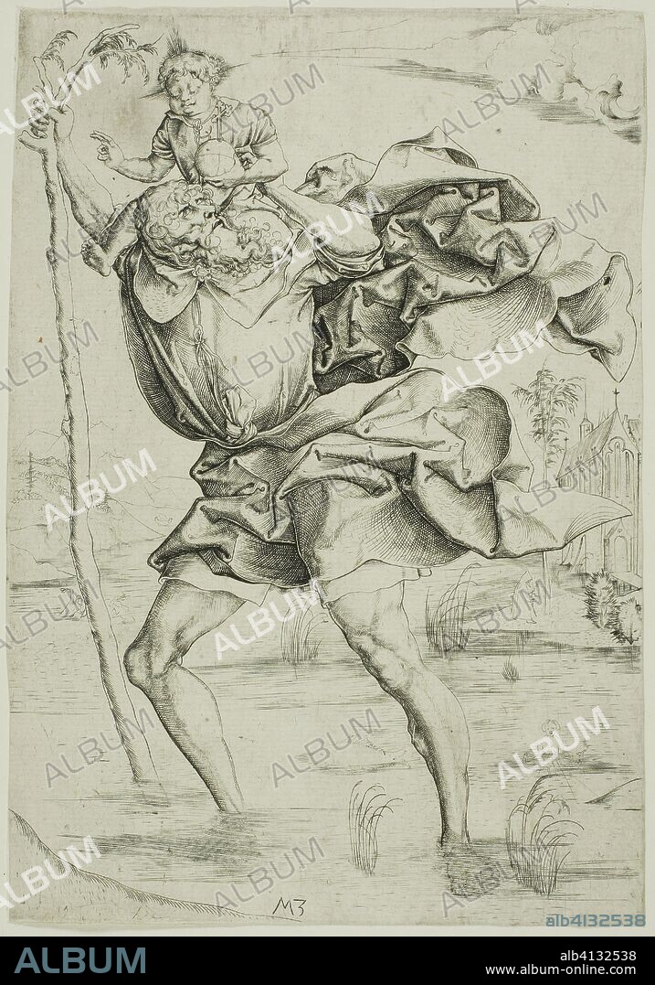 MASTER M. Z.. Saint Christopher. Master M.Z.; German, flourished 1500-1550. Date: 1495-1505. Dimensions: 186 x 129 mm (sheet trimmed within plate mark). Engraving on ivory laid paper. Origin: Germany.
