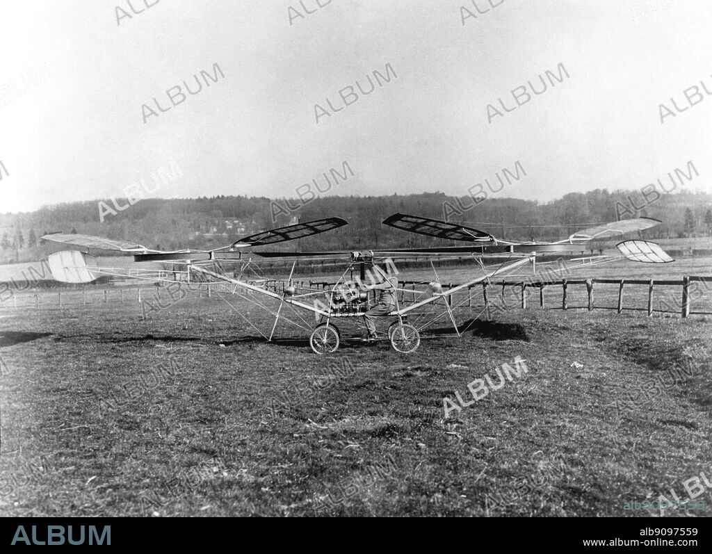 Paul Cornu's helicopter 1907 - the first helicopter to achieve free flight, a twin-rotor machine designed by French cycle-dealer Paul Cornu and test flown at Lisieux on 13 November 1907. Forwarded by a 24hp Antoinette engine, the machine attained a maximum of 20sec in the air at a height of 6ft.. ©TopFoto.