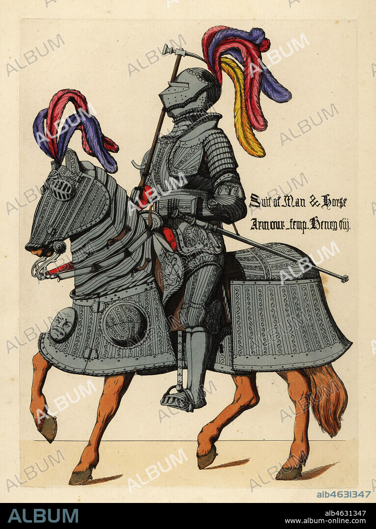 Suit of engraved plate armour and horse barding, reign of King Henry VIII, 16th century. Knight in suit of armour, bourgonet helmet decorated with drooping plumes, pauldrons, passe garde, sollerets, with sword and axe, horse in engraved barding, chanfron with plumes, bridle, manifaire, poitrinal, croupiers and flancois. Handcoloured copperplate engraving from Thomas Anthony Day and J.H. Dines' Illustrations of Mediaeval Costume in England collected from manuscripts in the British Museum, Bibliotheque Nationale de Paris, Bosworth, London, 1853.