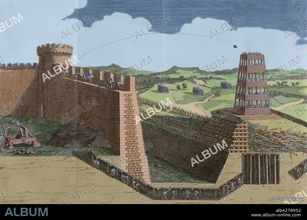 Sitio de Edesa (Anatolia). 28 noviembre-24 de diciembre de 1144. Captura y caida del Condado de Edesa, el Primer Estado Cruzado en formarse durante la Primera Cruzada. Reconquista por Zengi de Mosul y Aleppo. Grabado: Terraza de Crosroez en el Asedio de Edesa. Coloreado. Historia de Polibio. Tomo II. Edición francesa traducida del griego por Dom Vincent Thuillier. Comentarios o textos de ciencia militar enriquecidos con notas críticas e históricas por M. de Folard. París, chez Pierre Gandouin, Julien-Michel Gandouin, Pierre-François Giffart y Nicolas-Pierre Armand,1727. Imprenta de Jean-Baptiste Lamesle.