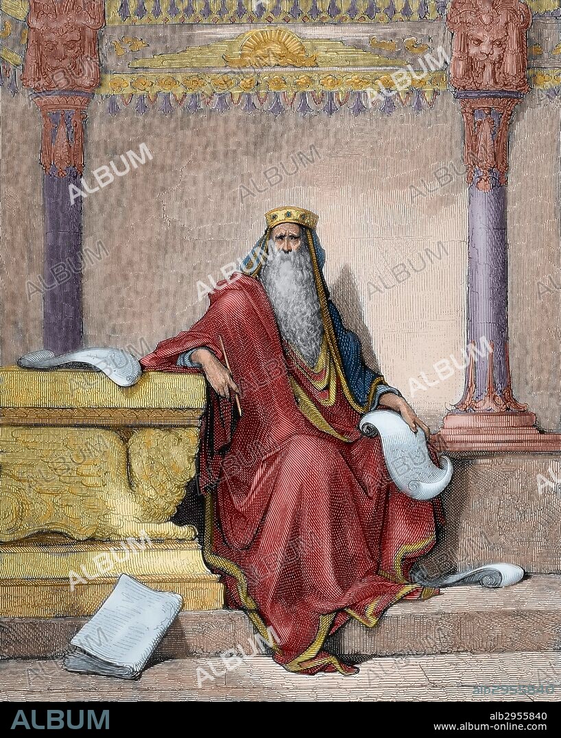 HISTORIA DEL ANTIGUO TESTAMENTO. REY SALOMON. Libro de los Reyes, capítulo 3. Grabado de Gustave DORE. Coloreado.