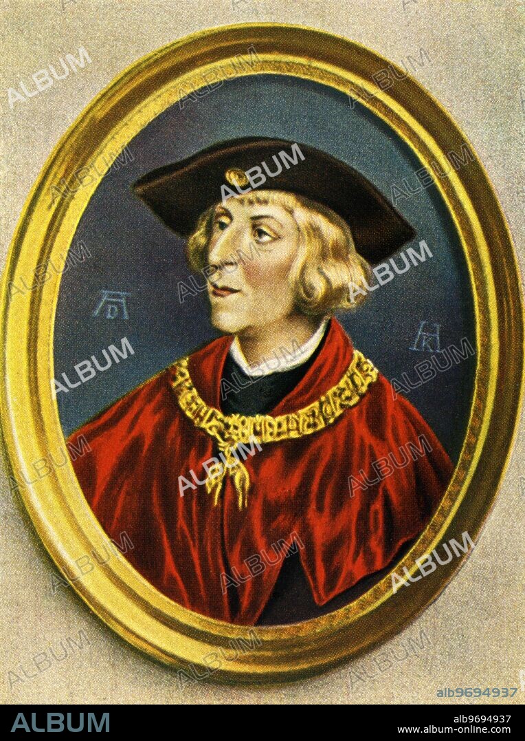Maximillian I - German Kaiser (1459-1519) - after a miniature of the 19th century after a painting from Albrecht Dumer. Maximilian I of Habsburg (March 22, 1459 - January 12, 1519) was Holy Roman Emperor from 1508 until his death. He expanded the influence of the House of Habsburg through both war and marriage. He is often referred to as "The Last Knight". ©TopFoto.
