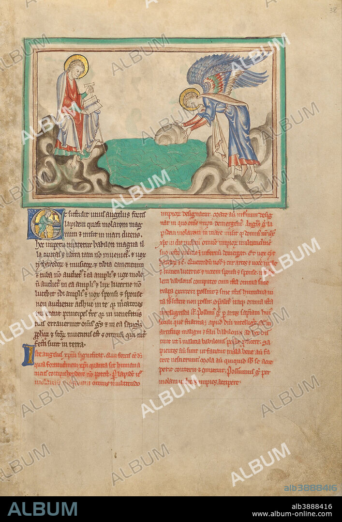 UNKNOWN. An Angel Casting a Millstone into the Sea. Date/Period: Ca. 1255 - 1260. Folio. Tempera colors, gold leaf, colored washes, pen and ink on parchment. Height: 319 mm (12.55 in); Width: 225 mm (8.85 in).