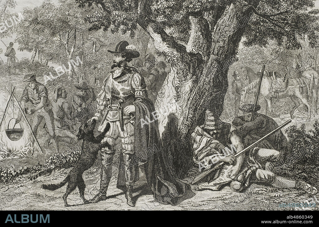 España. Siglo XVII. Reinado de Felipe III. Perot Rocaguinarda, que aparece en el Quijote con el nombre de Roque Guinart. Bandolero y asaltador de los caminos que unían Barcelona y Gerona. Su cuadrilla estaba formada por campesinos y gacones. Destacaban Joan Gile"Janot", Jaume Alboquers, "El Escolanet de Polinyà"y Gabriel Galí"Barceló". Roque Guinart y sus bandoleros. Grabado por A. Roca. Historia de Cataluña y de la Corona de Aragón, por Victor Balaguer. Barcelona,1863.