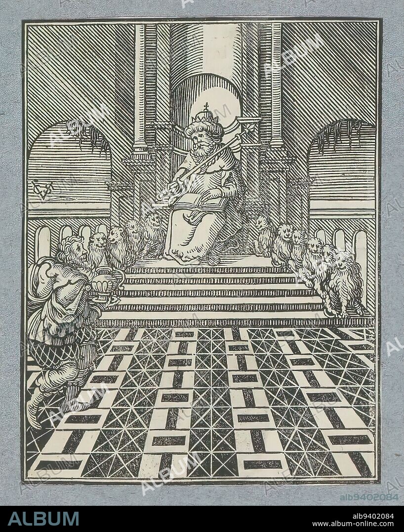 Solomon's throne, King Solomon sits on his throne. He has a scepter in his hand and on his lap is a book. According to 1 Kings 10, the throne was of ivory, overlaid with pure gold. Six steps led up to the throne, which had a round headrest at the top and armrests on either side of the seat. Beside the armrests were two lions and on the six steps were twelve lions, one on each side of each step. The man on the left is offering a gift. The print is part of an album., print maker: Christoffel van Sichem (II), (mentioned on object), print maker: Christoffel van Sichem (III), (mentioned on object), publisher: Pieter Jacobsz. Paets, Amsterdam, 1645 - 1646, paper, letterpress printing, height 106 mm × width 83 mm.
