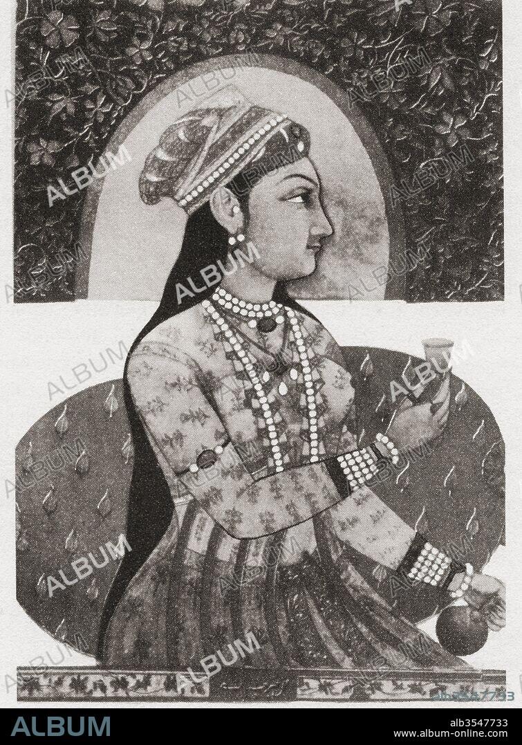Reputed portrait of Nur Jahan, 1577 – 1645, born as Mehr-un-Nissa. Empress of the Mughal Empire as the chief consort of Emperor Jahangir. From British Merchant Adventurers, published 1942.