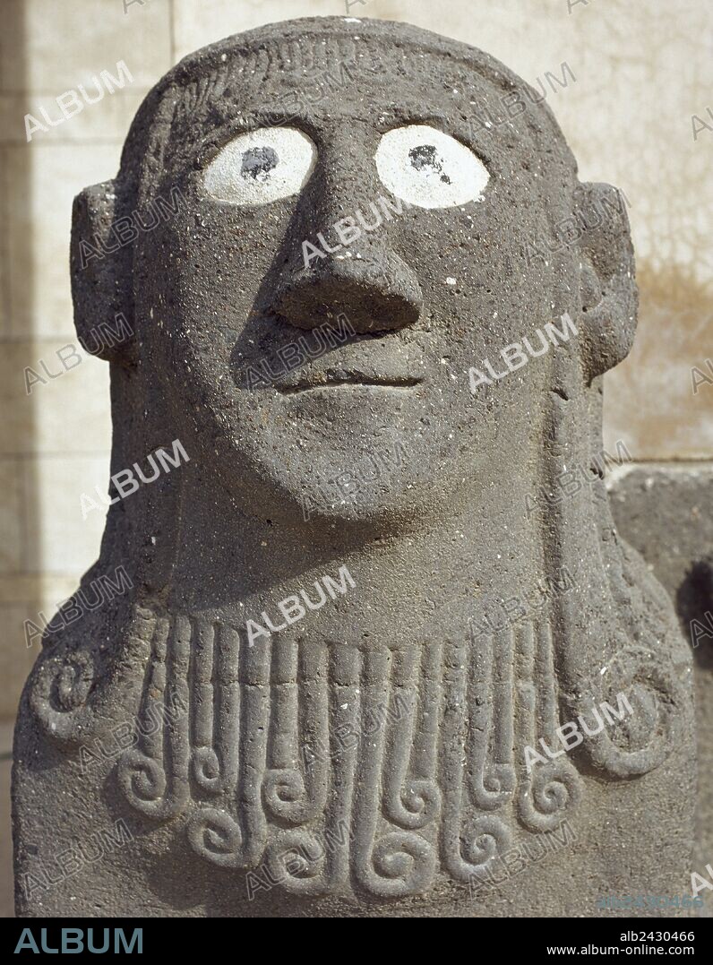 Sphinx. Basalt. Guarded the temple of Tell Halaf. From about 6100 to 5400 b.C.. Currently located at the entrance to the National Museum of Aleppo. Syria.