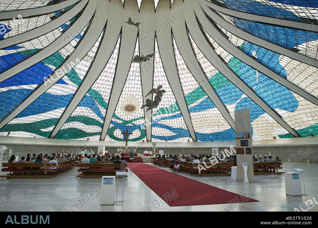 Inside the Metropolitan Cathedral designed by Oscar Niemeyer in 1959, Brasilia, UNESCO World Heritage Site, Brazil, South America.