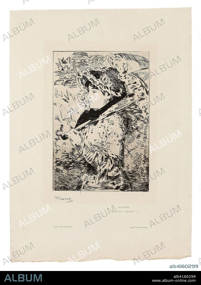 EDOUARD MANET. Jeanne (Spring). Édouard Manet (French, 1832-1883); published by Alfred Porcabeuf (French, 19th-20th centuries). Date: 1882. Dimensions: 155 × 107 mm (image); 243 × 182 mm (plate); 280 × 203 mm (sheet). Etching and aquatint in black on ivory laid paper. Origin: France.