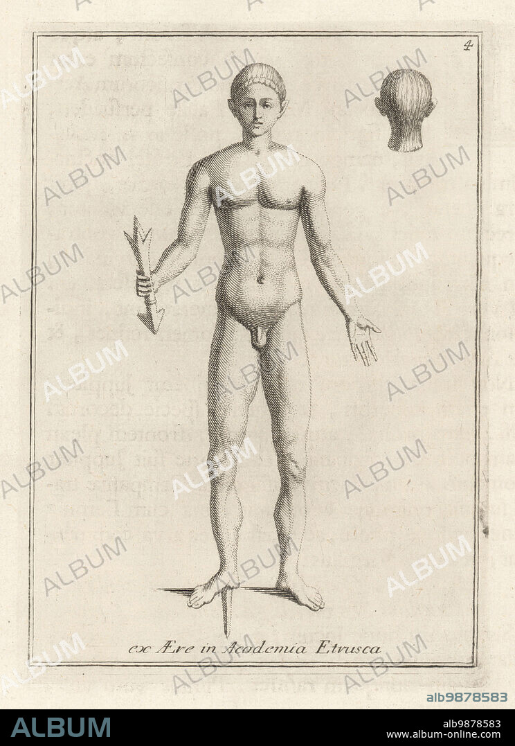 Summamus, Etruscan god of nocturnal thunder, twin or opposite of Jupiter/Zeus. Naked man holding a thunderbolt. The oldest bronze figure of Jupiter Summamus, Iovem Summanum. Jupiter ex Aere in Academia Etrusca. Copperplate engraving from Francesco Valesio, Antonio Gori and Ridolfino Venutis Academia Etrusca, Museum Cortonense in quo Vetera Monumenta, (Etruscan Academy or Museum of Cortona), Faustus Amideus, Rome, 1750.