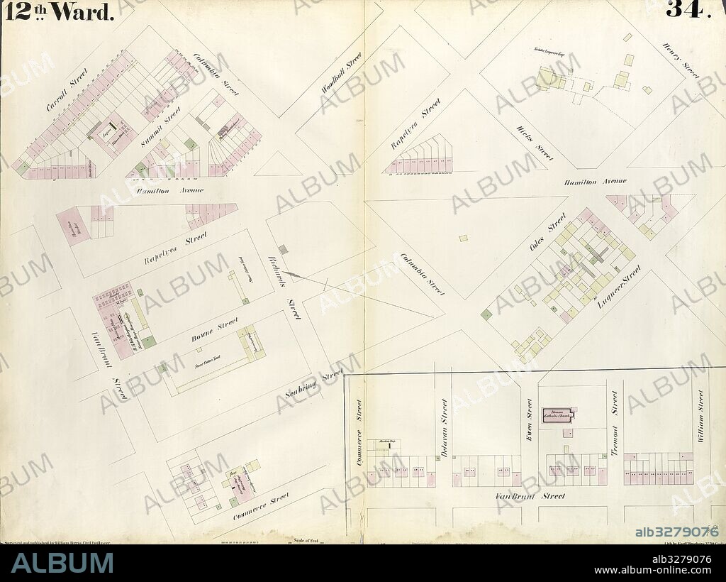 Plate 34: Map bounded by Carroll Street, Columbia Street, Rapelye Street, Henry Street, Luquer Street, Commerce Street, Richards Street, William Street, Van Brunt Street. 1855, William Perris, Brooklyn, New York, N.Y., USA.