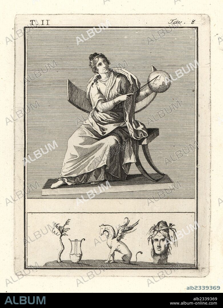 Urania, muse of astronomy, with celestial globe and staff. Copperplate engraving by Tommaso Piroli from his Antiquities of Herculaneum (Antichita di Ercolano), Rome, 1789.