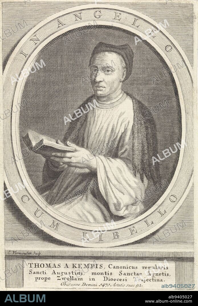 Portrait of Thomas à Kempis, Cornelis Martinus Vermeulen, after Abraham Bloemaert, 1654 - 1709, Portrait of Thomas à Kempis, writer and monk at the Agnietenberg monastery near Zwolle., print maker: Cornelis Martinus Vermeulen, (mentioned on object), Abraham Bloemaert, Antwerp, 1654 - 1709, paper, engraving, h 132 mm × w 89 mm.