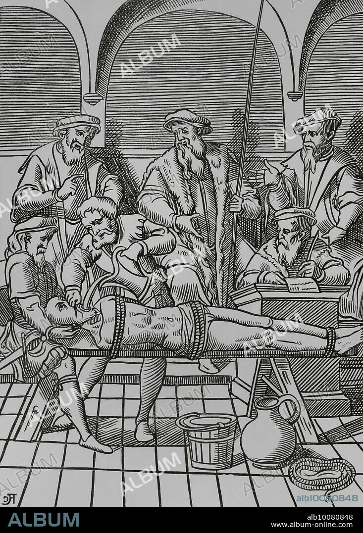 The Water Torture. The prisoner was tied with ropes to a sloping ladder or surface so that his head was lower than his feet. In this position, a cloth was forced down into his mouth, and water was slowly poured down his throat with a pitcher so that he swallowed it until it burst. Facsimile of an engraving from "Praxis Rerum Criminalium", by J. Damhouder". Antwerp, 1556. "Moeurs, usages et costumes au moyen-âge et à l'époque de la Renaissance", by Paul Lacroix. Paris, 1878.