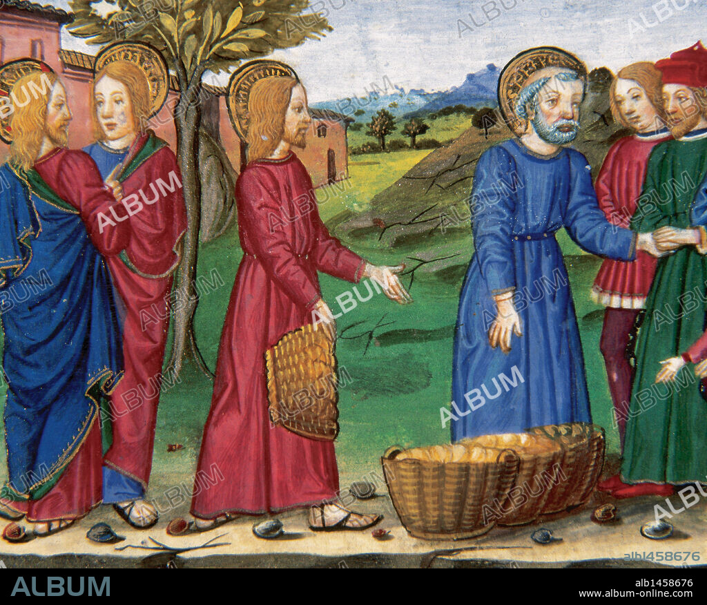 "JESUS TOMA CINCO PANES Y DOS PECES Y LOS DA A 500 PERSONAS DICIENDO: SACIAOS". Página miniada del CODICE DE PREDIS. Renacimiento-Quattrocento (s. XV). Biblioteca Real. Turín. Italia.