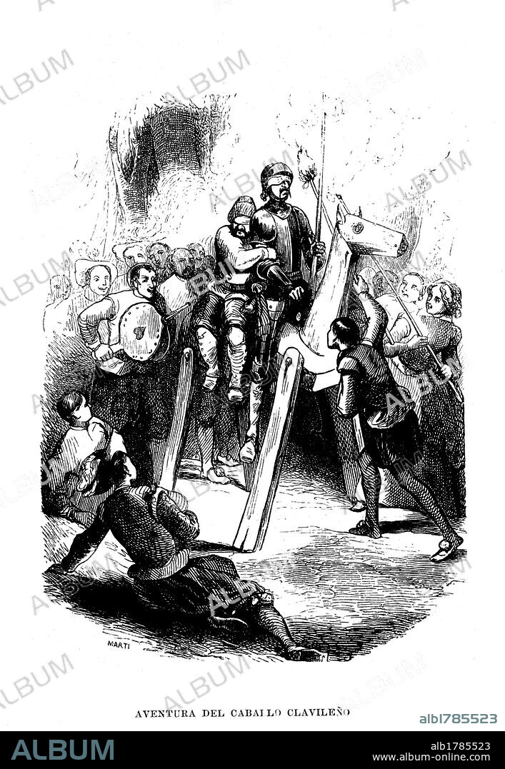 Escena de la novela EL INGENIOSO HIDALGO DON QUIJOTE DE LA MANCHA, de Miguel de Cervantes Saavedra. Dibujo de Martí. Aventura del caballo clavileño.