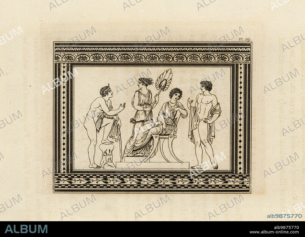 Iphigenia told of the death of her father Agamemnon. Her brother Orestes in diadem at left asks why she is sad. A female servant Flabellifera fans Iphigenia. Pylades, cousin of Orestes, stands at right. Scene from Euripedes Iphigenia in Tauris. Copperplate engraving by Thomas Kirk (1765-1797) from Sir William Hamiltons Outlines from the Figures and Compositions upon the Greek, Roman and Etruscan Vases of the Late Sir Hamilton, T. MLean, London, 1834.