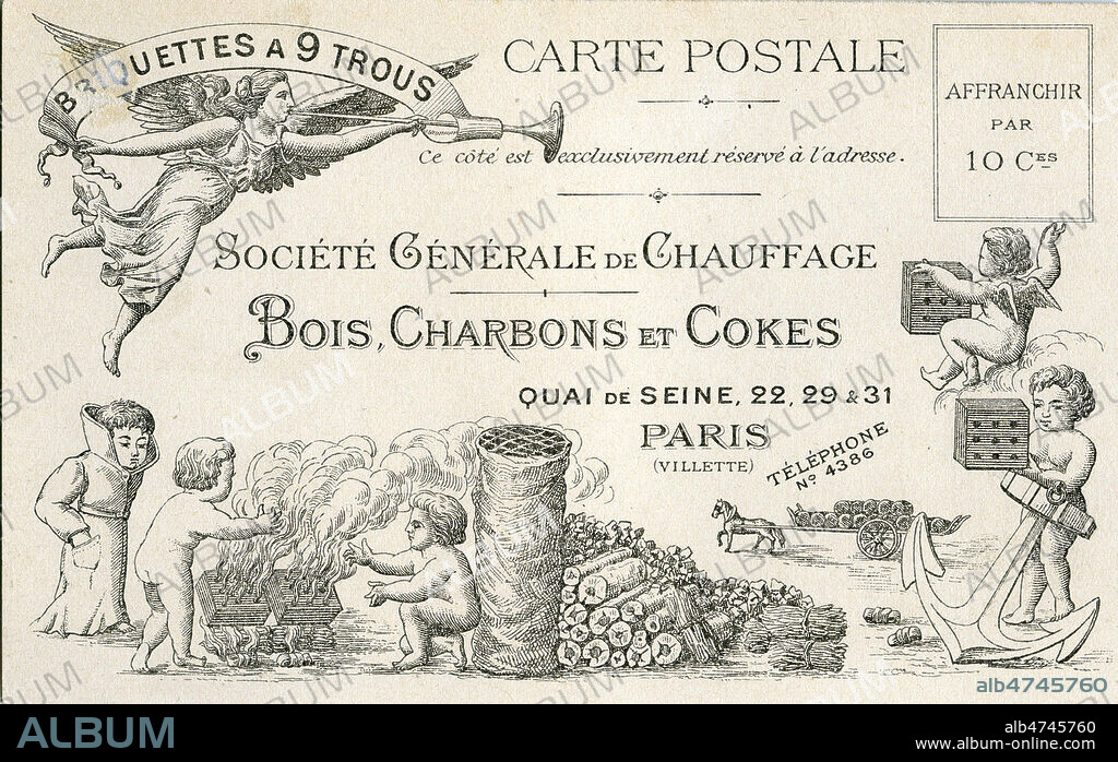 Carte postale publicitaire vers 1900 pour la Societe Generale de Chauffage, proposant des bois, charbons et cokes. Illustration anonyme. Credit : Collection IM/KHARBINE-TAPABOR.