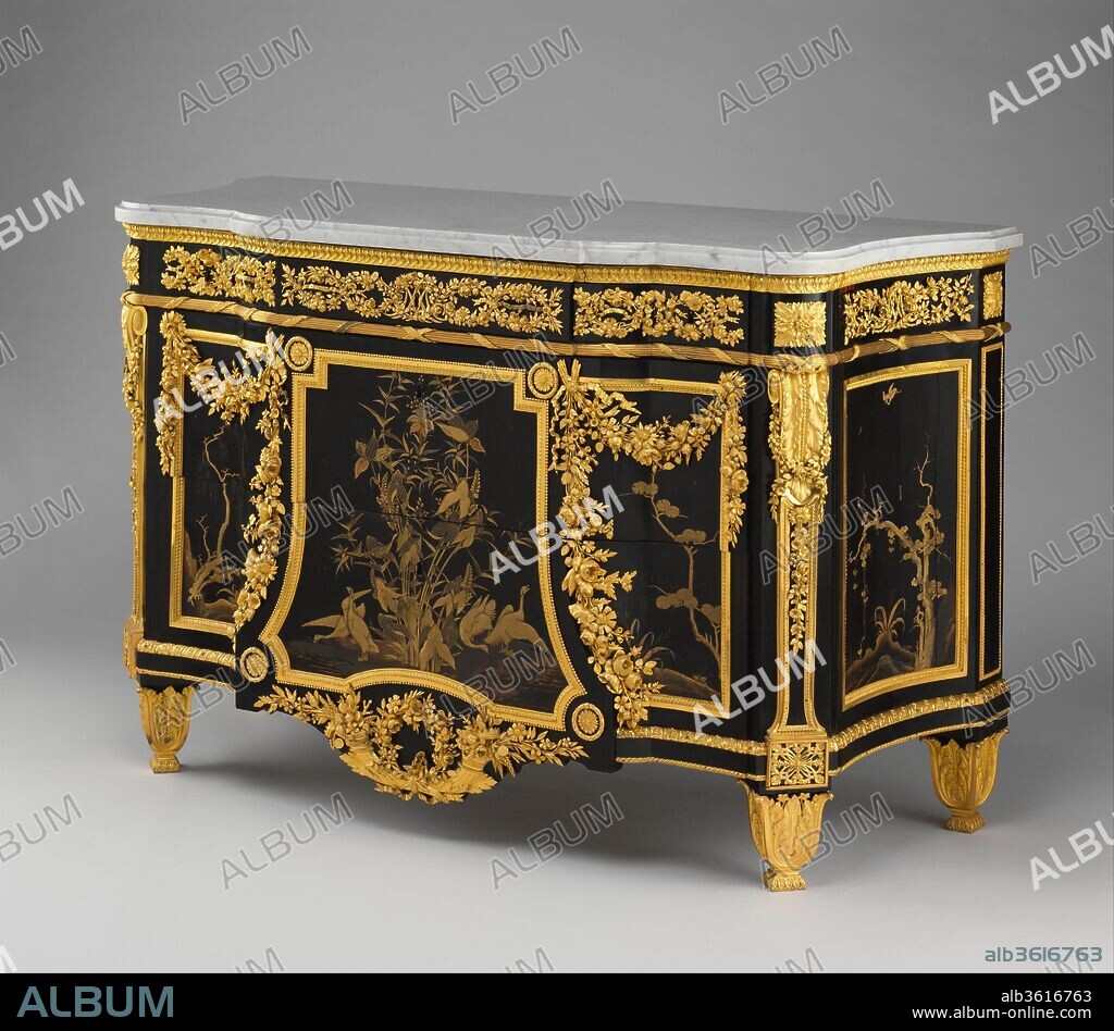 Commode (Secrétaire à abattant). Culture: French, Paris. Dimensions: H. 36-3/4 x W. 56-1/2 x D. 23-1/2 in.  (93.3 x 143.5 x 59.7 cm). Maker: Jean Henri Riesener (French, Gladbeck, North Rhine-Westphalia 1734-1806 Paris). Date: 1783.
Jean-Henri Riesener created this splendid commode and its companion secretary (20.155.11) for Marie-Antoinette in 1783. They were commissioned for the queen's Grand Cabinet Intérieur at Versailles, where she kept the collection of Japanese lacquer boxes she had inherited from her mother, Empress Maria Theresa (1717-1780) of Austria. So that their surface decoration would harmonize with that of the boxes, choice fragments of seventeenth-century Japanese lacquer were reused as veneer for these pieces of royal furniture. The shiny black and gold lacquer and lustrous ebony form a striking background for the exceptionally beautiful gilt-bronze mounts. Consisting of swags and interlaced garlands of naturalistic flowers, these jewel-like mounts incorporate the queen's initials in the frieze as well as handles shaped like rippling ribbons. Enclosed behind the fall front of the secretary, several secret drawers are hidden beneath the hinged floor of the central compartment. These small drawers, as well as a strongbox that could be locked separately, offered places to store valuables and protect personal correspondence from prying eyes. The queen undoubtedly used them, for she never believed any papers were safe at the court, according to the Austrian diplomat Florimond-Claude, comte de Mercy-Argenteau (1727-1794). He had reported to her mother many years earlier that the dauphine was fearful of duplicate keys and apprehensive that things would be taken from her pockets at night.
The history of these famous pieces of furniture is remarkably well documented. Marie-Antoinette frequently changed the decor of her private rooms, and in 1787 she had the commode and secretary sent from Versailles to her new summer palace at Saint-Cloud. Both pieces left the royal collections when they were given in lieu of payment for his services during the Revolution to Abraham Alcan, a contractor of supplies for the army of the Rhine and Moselle. During the nineteenth century, the queen's secretary and commode were part of several notable British collections. George Watson Taylor (1770-1841) kept them at his country house, Erlestoke Park, in Wiltshire, and later they belonged to the dukes of Hamilton. At the famous Hamilton Palace sale of 1882 the royal pieces were acquired for Mrs. William Kissam Vanderbilt (1853-1933), one of the reigning society hostesses of New York City, for her mansion on Fifth Avenue. Her daughter Consuelo Vanderbilt Balsan (1877-1964) remembered Marie-Antoinette's lacquer secretaire and commode standing in the white drawing room, which was hung with a set of Boucher tapestries.