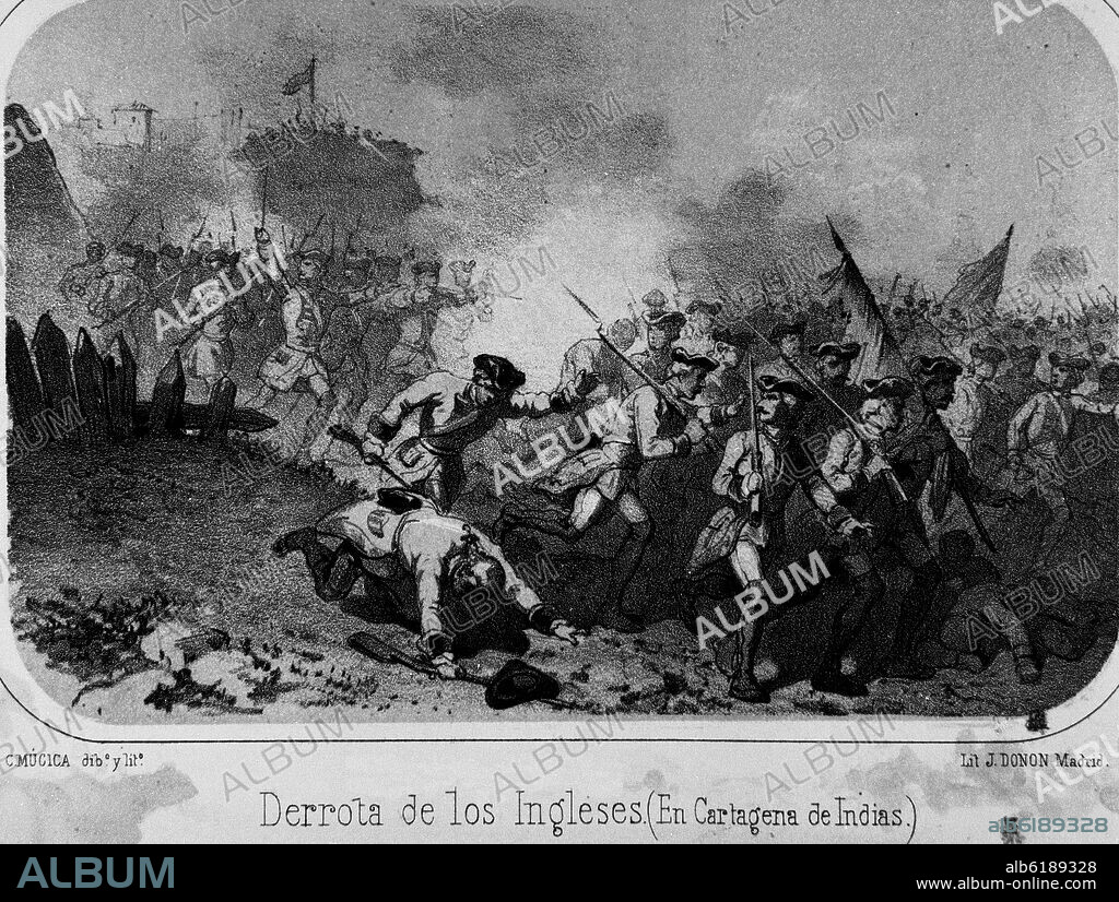 CARLOS MUGICA Y JULIO DONON. DERROTA DE LOS INGLESES EN CARTAGENA DE INDIAS - GRABADO SIGLO XIX.