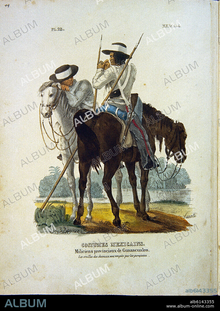 CLAUDIO LINATI. TRAJES CIVILES, MILITARES Y RELIGIOSOS DE MEXICO - 1828 - MILICIANOS DE GUAZACUALCO - LITOGRAFIA SIGLO XIX.