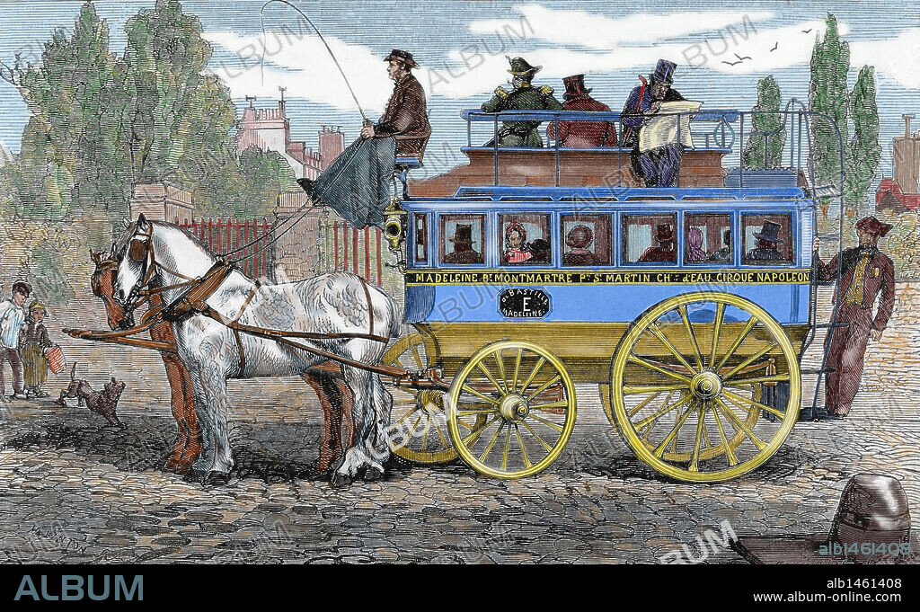 Horse-drawn omnibus. Engraving by H. Linton in "L'Univers Illustre´" (1862). Colored.