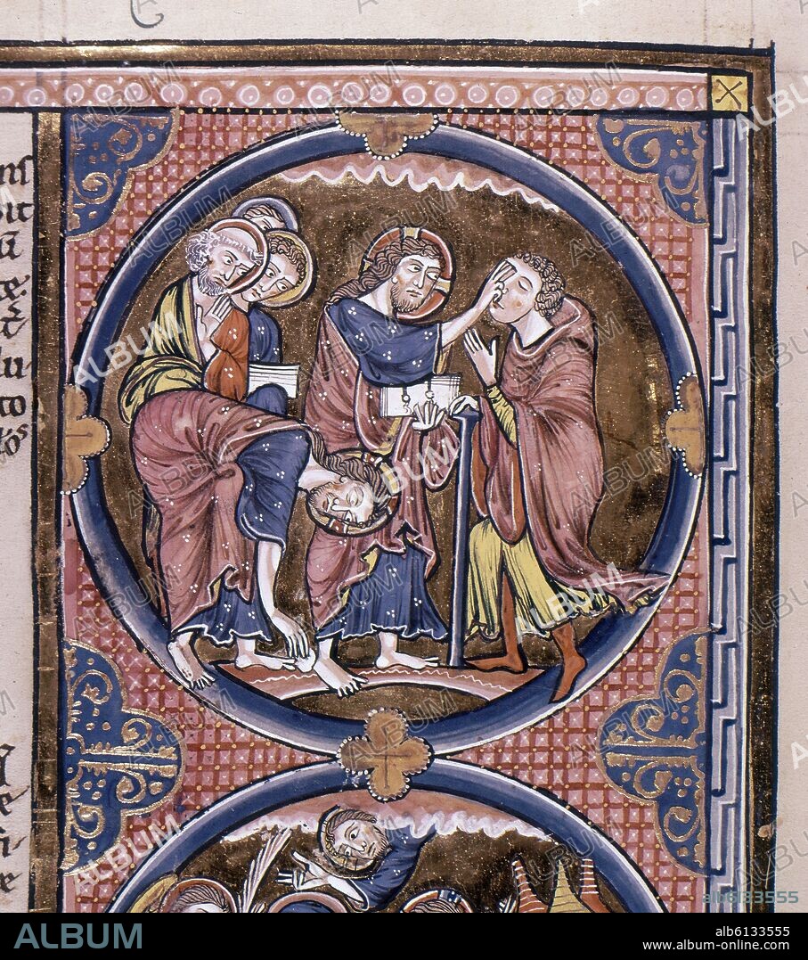 BIBLIA DE SAN LUIS-CURACION DE UN CIEGO DE NACIMIENTO-MILAGRO DE JESUS-S XIII MINIATURA GOTICA.