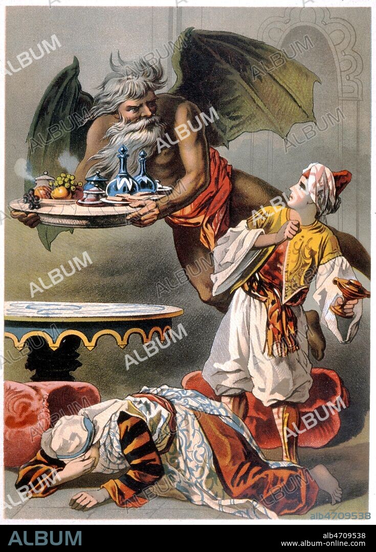 LES 1000 ET 1 NUITS : Aladin ou la Lampe Merveilleuse. Le Genie apporte un repas a Aladdin. lithographie de Karl OFFTERDINGER (1829-1889) illustrateur allemand. Credit : Collection Kharbine-Tapabor.