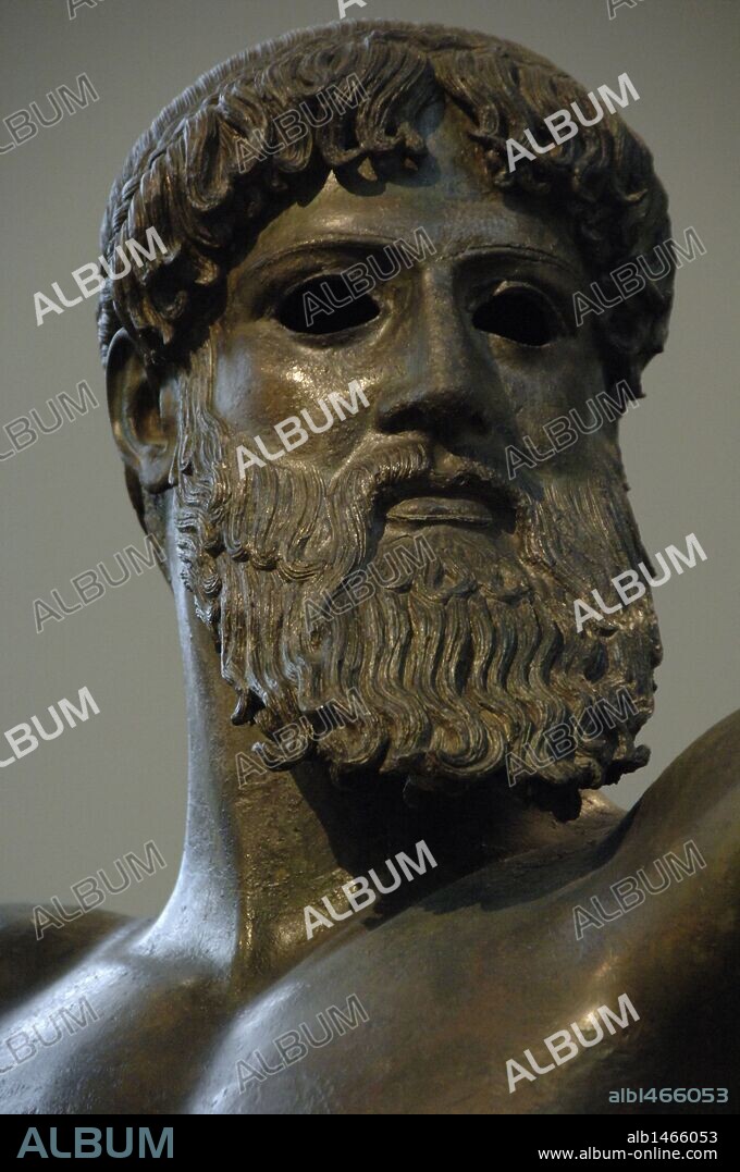 Greek art. Classical period. Initial Period. Zeus. Bronze sculpture. Dated to the year 460 BCE Found at sea from Cape Artemision. Severe Style. Detail of the head. National Archaeological Museum. Athens. Greece.