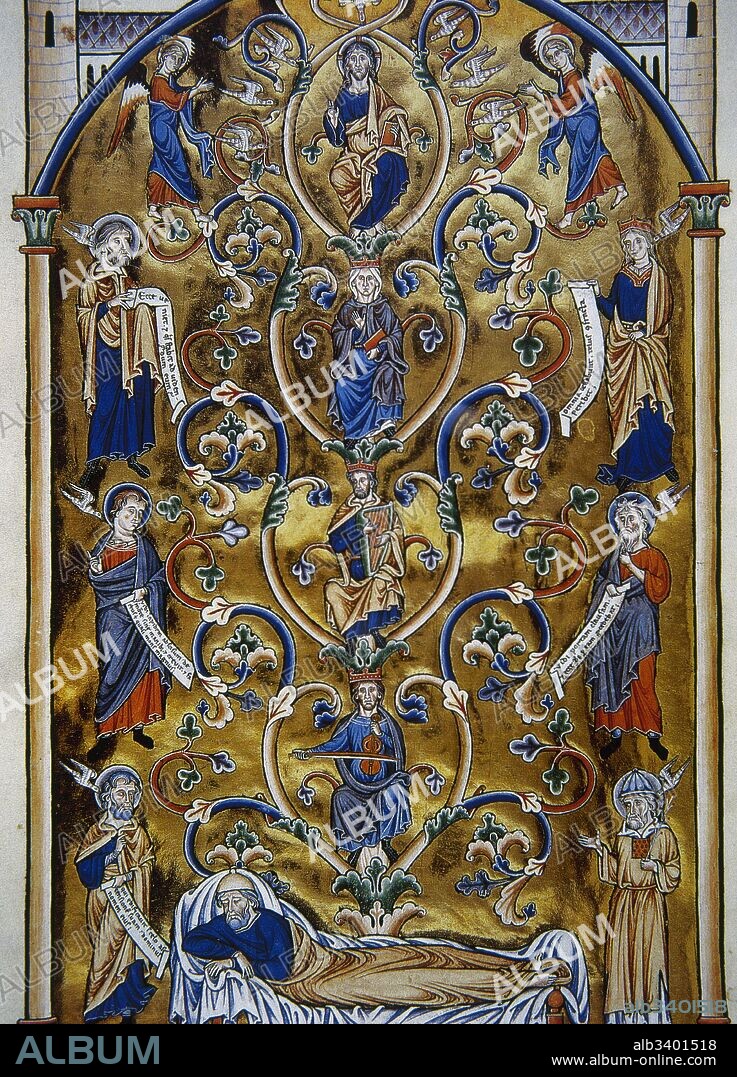 Miniatura "El árbol de Jesé o Arbol genealógico de Cristo"a partir de Jesé, padre del rey David. Salterio de Ingeborg. Manuscrito iluminado de finales siglo XII, para Ingeborg de Dinamarca. Museo Condé. Castillo de Chantilly. Francia.