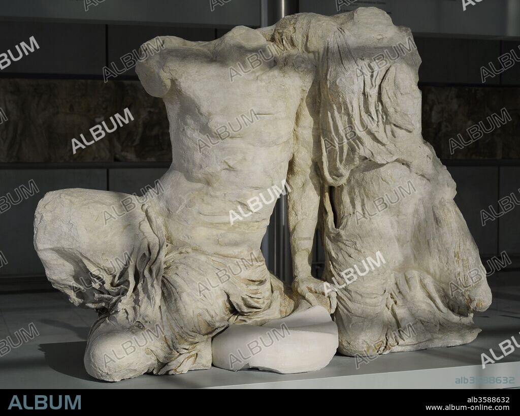 West pediment of Parthenon, Acropolis of Athens. Quarrel between Athena and Poseidon for Athens and Attica. 5th century BC. Attributed to Phidias. Detail of Kekrops and Pandrosos. Acropolis Museum. Athens. Greece.