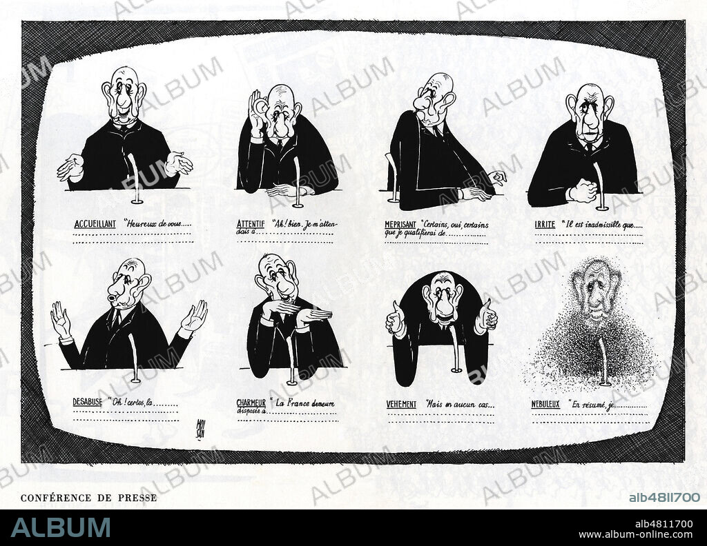 Conference de presse (Le president Charles de GAULLE (1890-1970) a la television). Caricature de MOISAN (1907-1987=ADAGP) paru dans le Canard enchaine et repris dans Dix Ans d'Histoire en Cent Dessins de 1968. ADAGP. Credit : Collection Jonas/Kharbine-Tapabor.