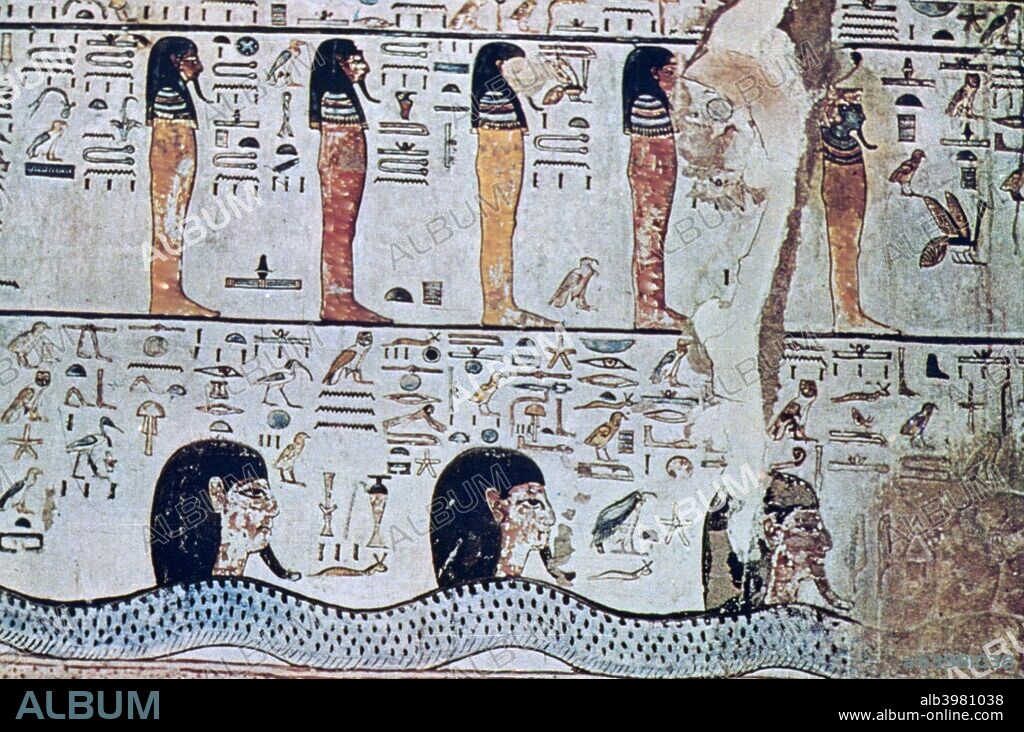 Tomb of Seti I, Valley of the Kings, Egypt, 13th century BC. Wall painting in the tomb of the 19th Dynasty Ancient Egyptian pharaoh Seti I who ruled Egypt from c1290 until 1279 BC. He was the father of Rameses the Great. Seti's tomb was discovered in 1817 by the Italian antiquities collector Giovanni Belzoni. Every chamber and passageway was richly decorated with bas reliefs or wall paintings.