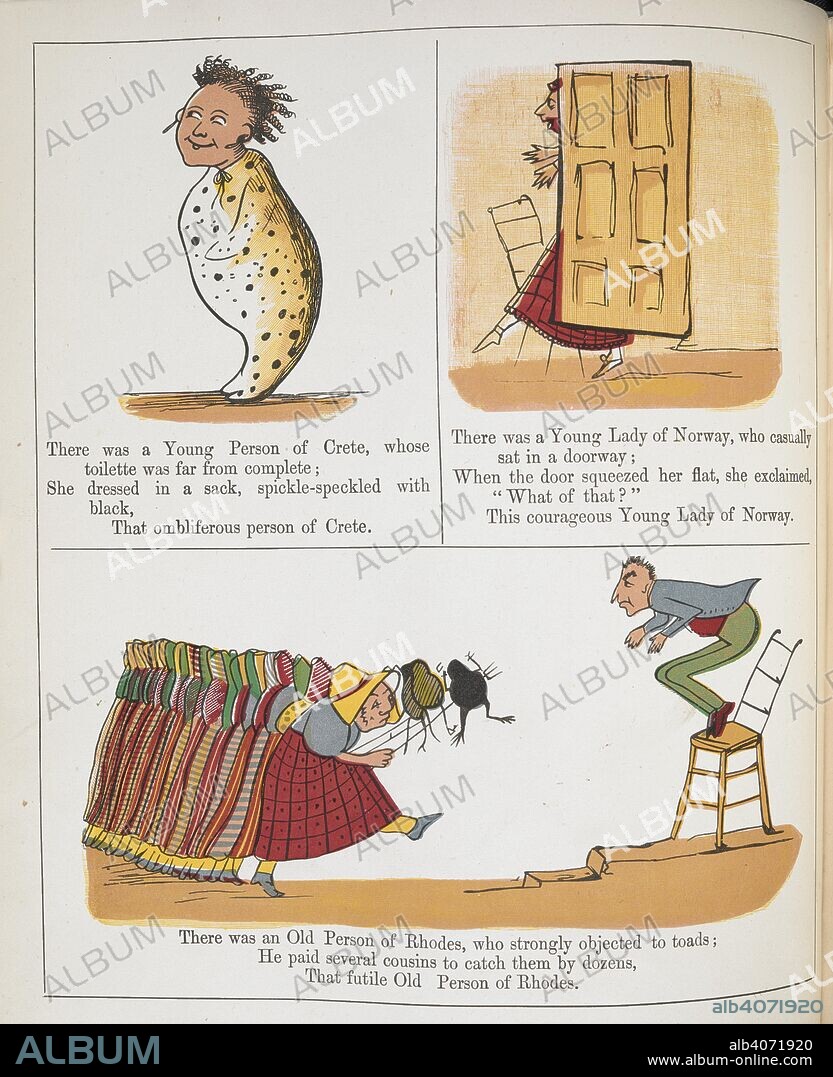 EDWARD LEAR. There was a young person of Crete ... There was a young lady of Norway ... There was an old person of Rhodes ... A Book of Nonsense. [With illustrations.]. London : Frederick Warne & Co., [1885?]. Source: 12332.dd.21 page 52.