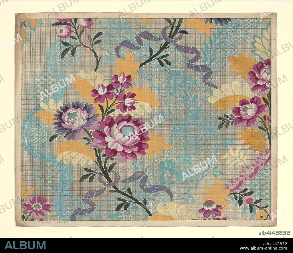 GERMAIN FRÈRES. Mise-en-carte (Point-paper). Designed by Germain Frères; France, Lyon. Date: 1760-1790. Dimensions: 45.1 × 55.6 cm (17 3/4 × 21 7/8 in.). Ink and gouache on hand drawn graph paper. Origin: France.