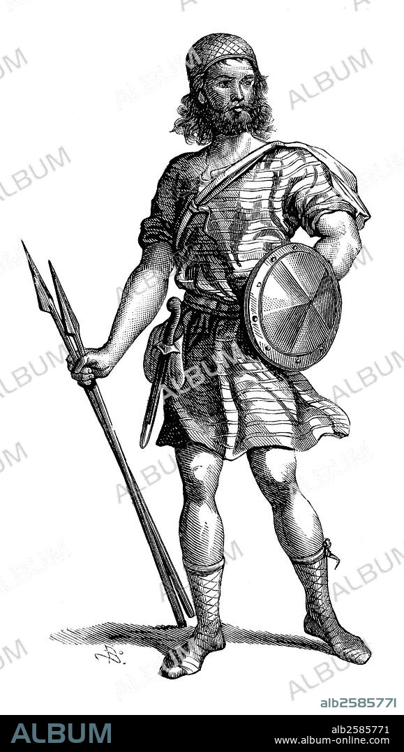 Indumentaria y armas de un guerrero almogávar en el siglo XIII. Grabado de 1880.