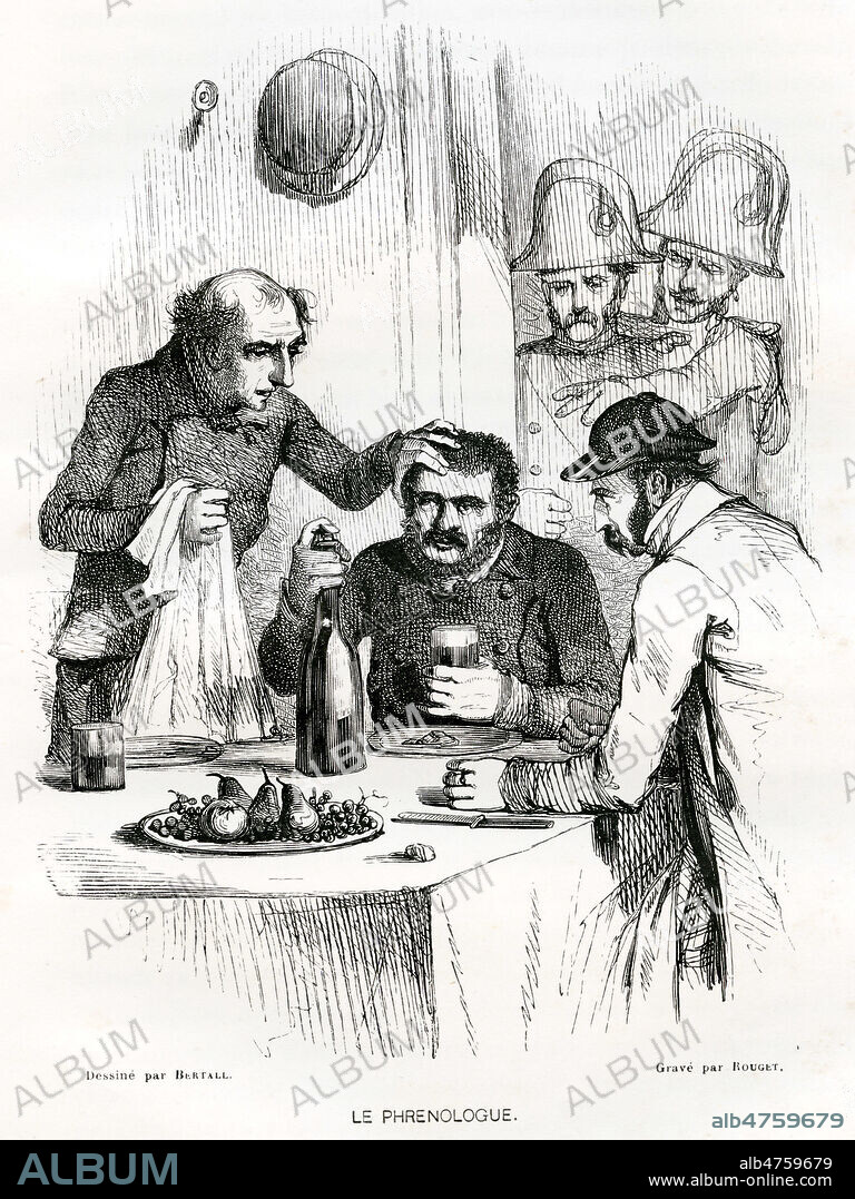 Le phrenologue Felix VOISIN (1794-1872) decouvre sans le connaitre et en tatant le crane de ROBERT son penchant pour la criminalite alors que celui-ci vient de s'echapper du bagne de Rochefort. Illustration de 1845 par BERTALL (1820-1882) pour Les bagnes par Maurice ALHOY (1802-1856). Credit : Coll. Jonas/KHARBINE-TAPABOR.