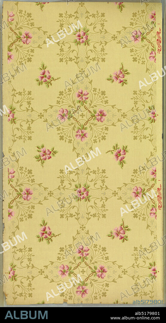 Ceiling paper, National Wall Paper Co., National Wall Paper Company, 1893 - 1900, Machine-printed paper, liquid mica, All-over scrolling foliate motif of varying sizes on cream ground. Printed in light grey, blue-grey and white liquid mica. Printed in selvedge: 'National Wall Paper Co.' pattern number '431., USA, 19051915, Wallcoverings, Ceiling paper.