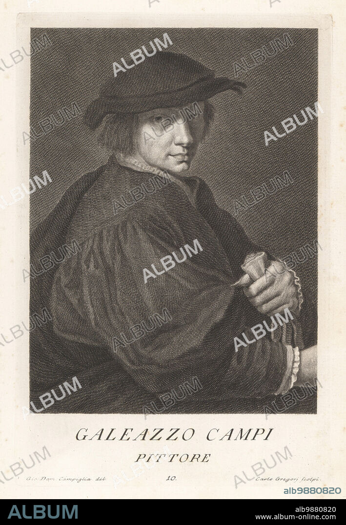 Galeazzo Campi, Italian painter of the Renaissance from Cremona in Lombardy, c.1475-1536. A pupil of Boccaccio Boccaccini. His paintings can be found in the churches of San Sigismondo, San Sebastiano and Sant' Agata, Cremona. Galeazzo Campi di Cremona. Copperplate engraving by Carlo Gregori after Giovanni Domenico Campiglia after a self portrait by the artist from Francesco Moucke's Museo Florentino (Museum Florentinum), Serie di Ritratti de Pittori (Series of Portraits of Painters) stamperia Mouckiana, Florence, 1752-62.